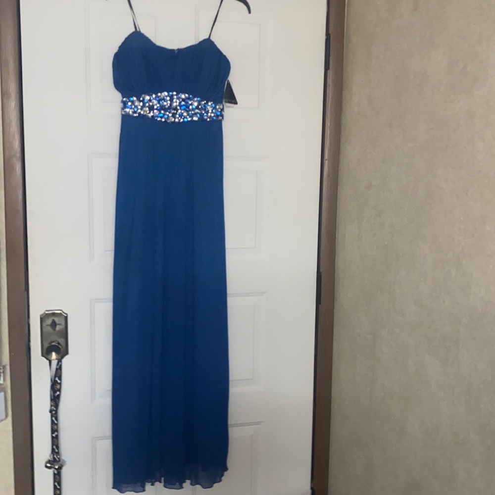 Blue gemstone belt formal prom dress